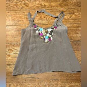 Nanette Lepore Mushroom Beige Boho Chic Beaded Embellished Euro Summer Silk Tank